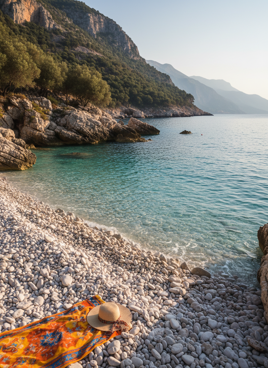A wide, panoramic photographic view of the Albanian Riviera coastline, with crystal-clear turquoise water gently lapping at smooth, pale pebbles and rugged cliffs covered in silvery-green olive trees. In the foreground, a brightly colored beach towel and a straw hat lie casually on the stones, hinting at a playful travel adventure without showing any people. Late afternoon golden hour sunlight bathes the scene, creating sparkling highlights on the water and long, soft shadows from scattered rocks. Shot from a slightly elevated angle with sharp focus throughout, the distant mountains fade into a hazy blue. The mood is carefree, inviting, and wanderlust-filled, perfectly capturing the essence of a sunny Albanian beach escape in photographic realism.
