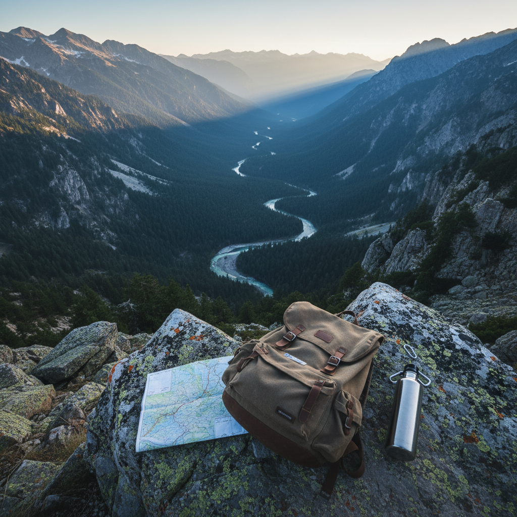 A dramatic, photographic view from a rocky vantage point in the Albanian Alps, looking down into a deep, forested valley with winding rivers and jagged peaks. In the foreground, a well-worn backpack, a paper map with indistinct markings, and a stainless-steel water bottle rest on lichen-covered stones, hinting at an adventurous hike without showing people. Early morning light spills over the mountain ridges, casting long blue shadows and highlighting the crisp textures of the rocks and evergreen trees. Shot from a low angle, the composition emphasizes depth and scale, with layers of mountains fading into mist. The mood is bold, exhilarating, and slightly playful, capturing the thrill of exploring Albania’s wild landscapes in pure photographic realism.