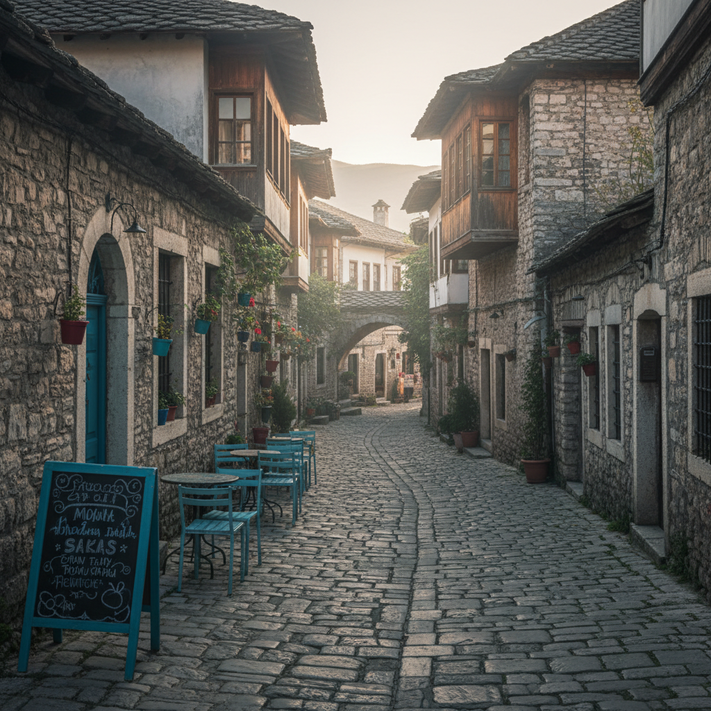 A narrow cobblestone street in the historic center of Gjirokastër, Albania, captured in photographic realism. Traditional stone houses with distinctive slate roofs rise on both sides, their rough, weathered stone walls and wooden balconies full of character. A small café terrace is suggested by empty metal chairs and a chalkboard sign with indistinct scribbles, avoiding readable text yet implying local life. Soft, diffused morning light filters between the buildings, casting gentle shadows and a cool, restful tone. Shot at eye level using the rule of thirds, the street curves slightly uphill, drawing the viewer’s eye into the scene. The atmosphere is charming, playful, and curious, inviting exploration of hidden corners and local stories.