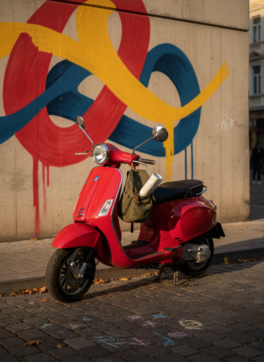 A playful, photographic street scene in Tirana, Albania, focused on a compact, brightly colored scooter parked beside a wall painted with bold, abstract shapes in reds, yellows, and blues. The scooter’s glossy paint reflects subtle hints of the street, and a small travel backpack hangs from the hook, suggesting an urban adventure. The pavement shows faint chalk doodles and scattered autumn leaves, adding texture and whimsy. Late afternoon light casts warm, angled shadows that emphasize the scooter’s curves and the wall’s texture. Captured at eye level with a shallow depth of field, the scooter is crisply in focus while the background murals blur softly. The mood is energetic, modern, and fun, reflecting the lively, creative side of Albania’s capital without any visible people.