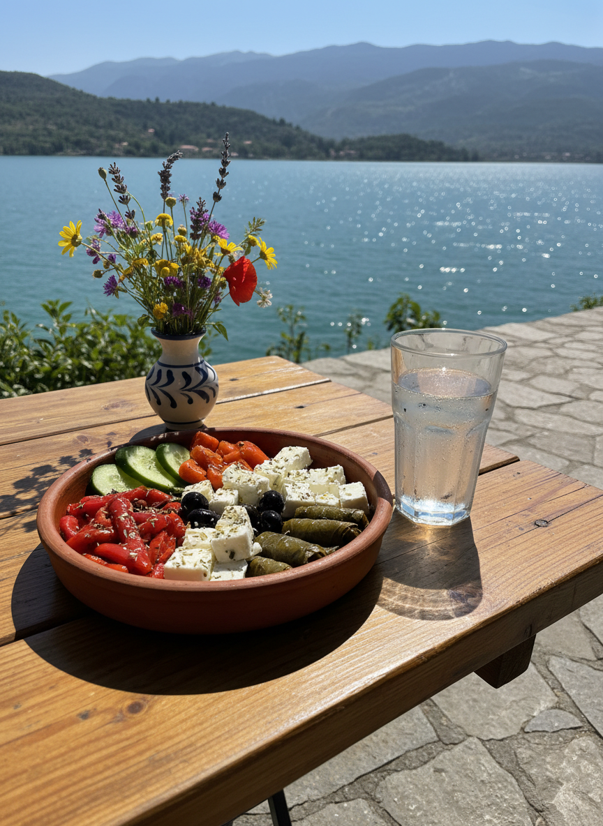 A close-up, photographic shot of a rustic wooden table set on a sunny terrace overlooking Lake Ohrid on the Albanian side. On the table sits a traditional Albanian clay dish filled with vibrant appetizers, a clear glass of sparkling water with condensation, and a small vase holding wildflowers. Beyond the table, the lake stretches out in shimmering deep blue, framed by soft, rolling green hills and distant mountains. Warm midday sunlight creates crisp highlights on the glass and gentle texture on the weathered wood. Captured from a slightly elevated angle with shallow depth of field, the foreground food and table details are in sharp focus while the landscape softly blurs, creating a playful, inviting mood that celebrates local flavors and scenic travel moments.